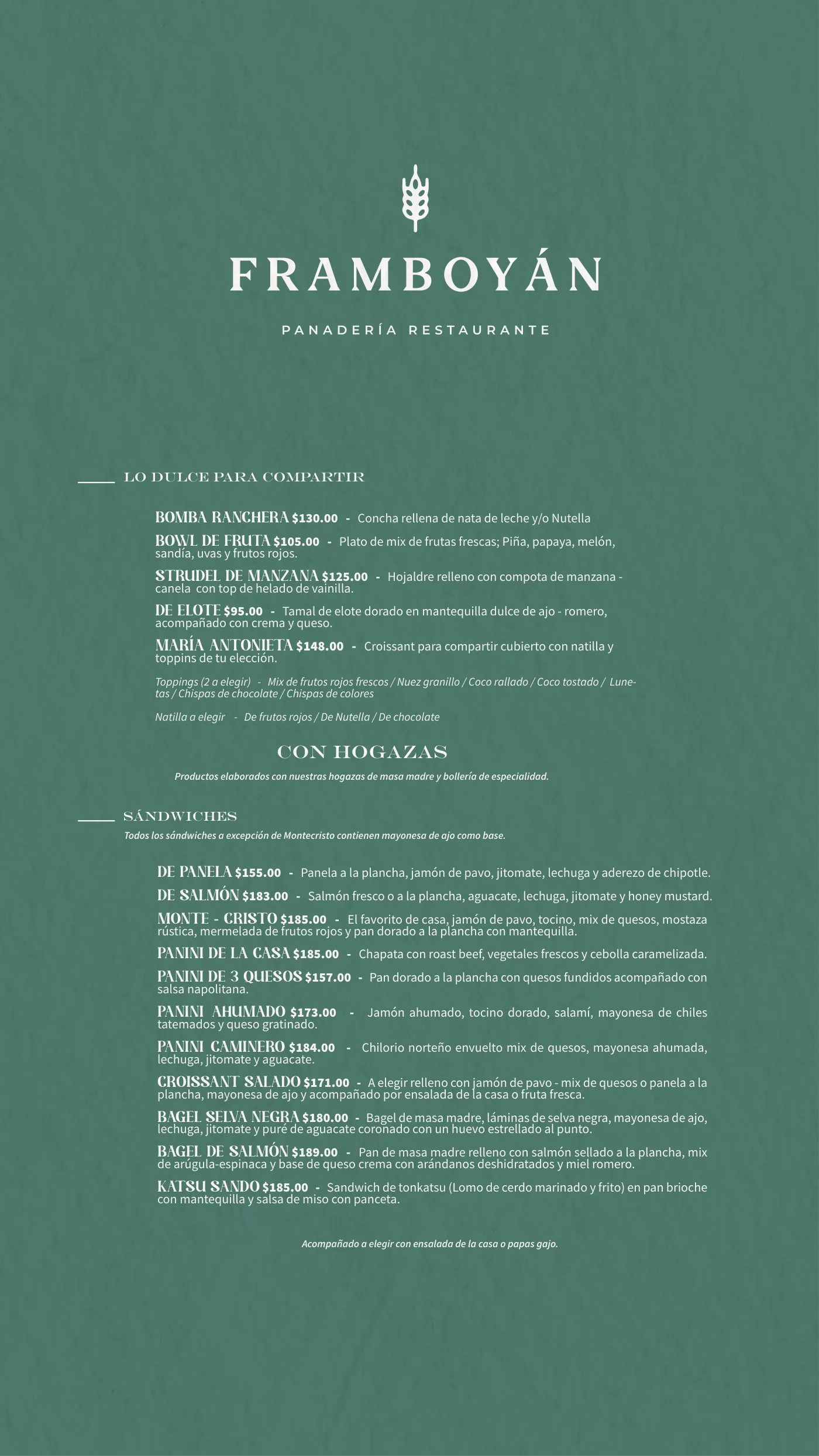 Framboyán evening menu - Sandwiches, sourdough loaves and sweets to share