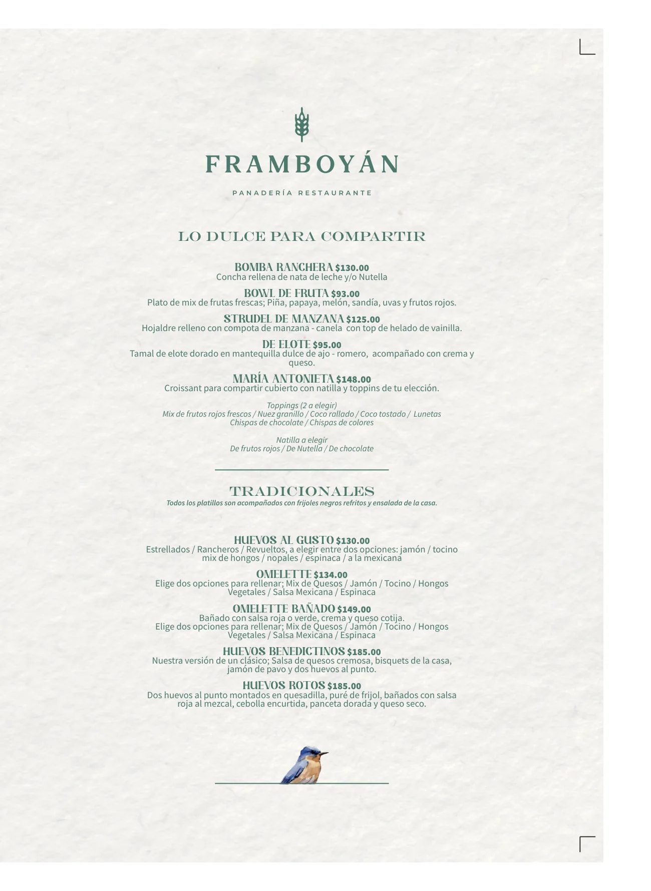 Framboyán morning menu - Sweets to share and traditional breakfasts