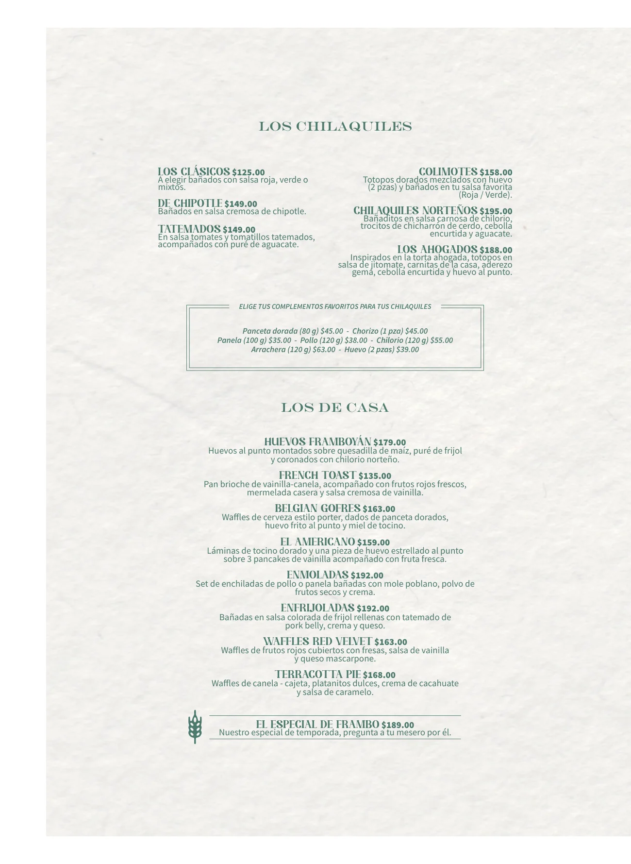 Framboyán morning menu - Chilaquiles and house specials