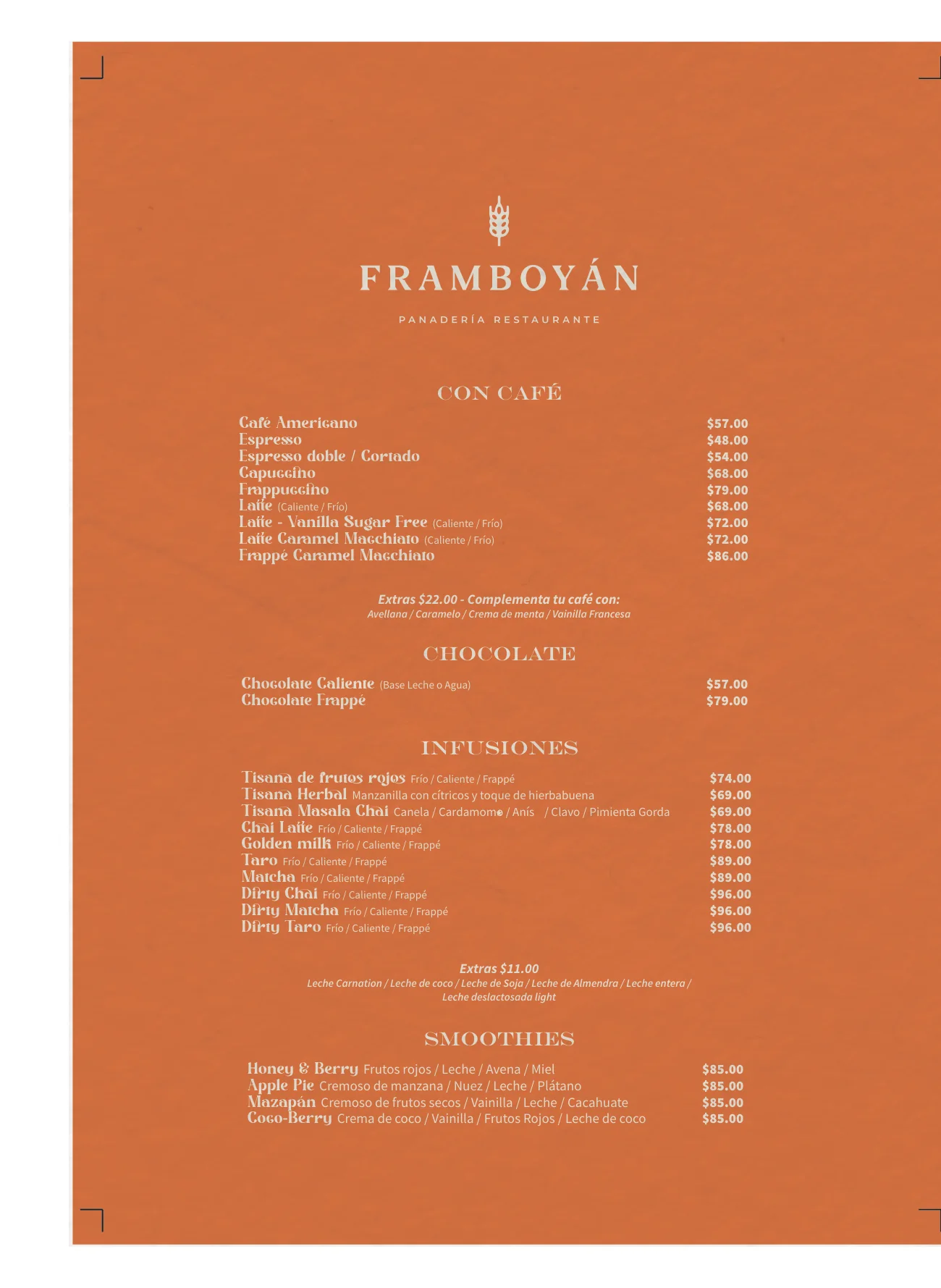 Framboyán morning menu - Coffee, infusions and smoothies