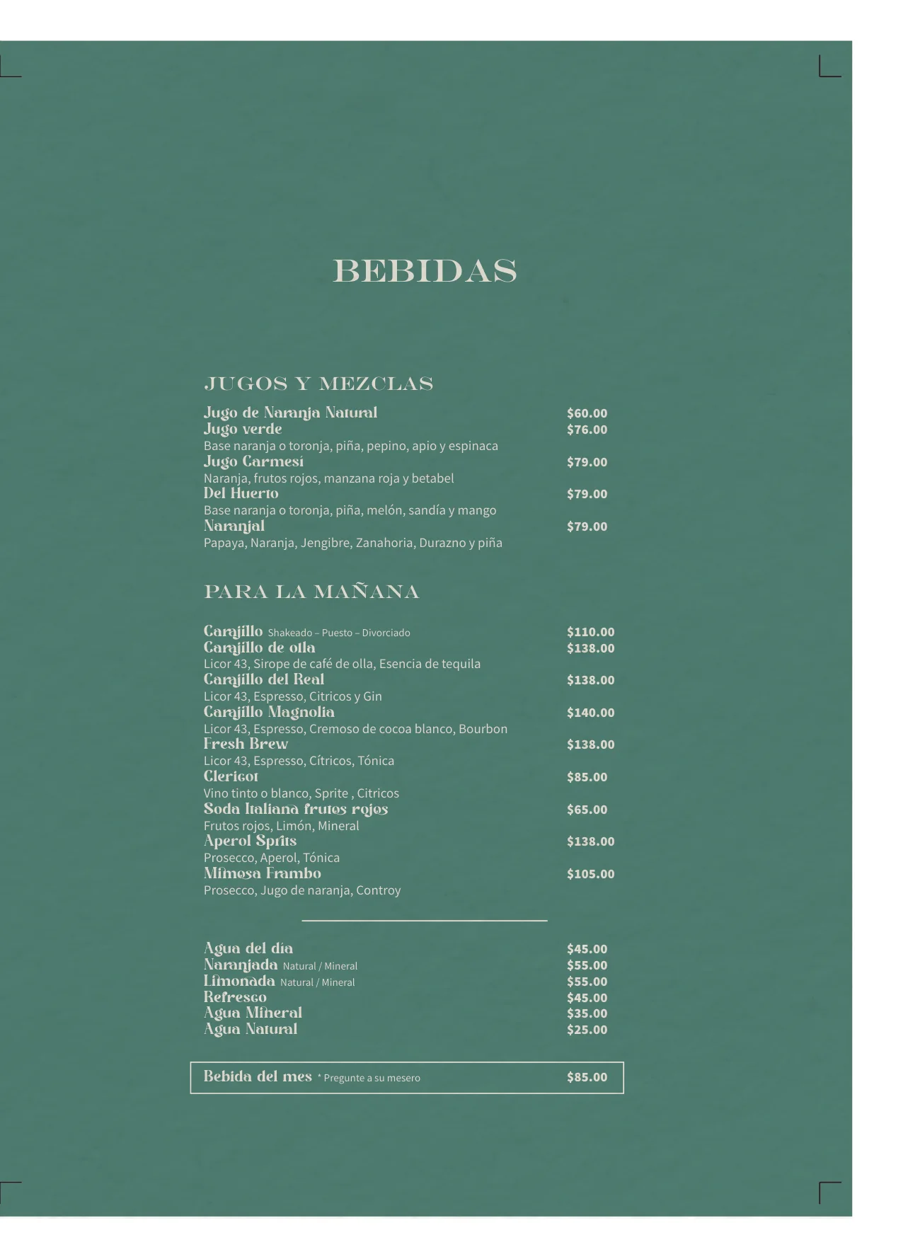 Framboyán morning menu - Drinks, juices and blends